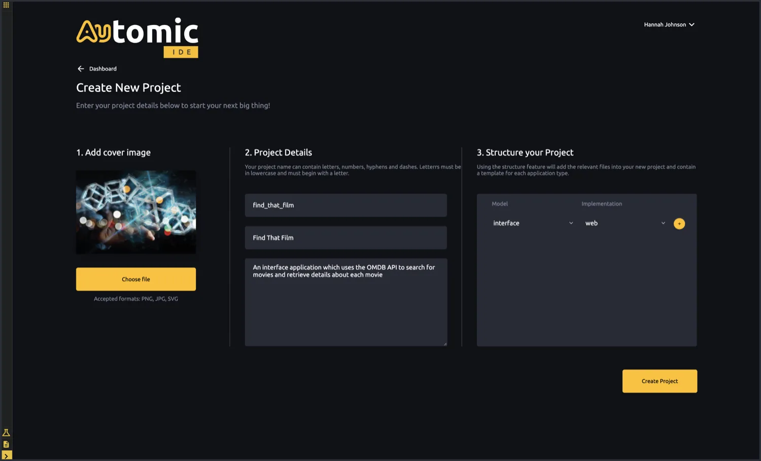 The Create New Project screen in the Automic IDE: add a cover image, enter project details for find_that_film, and structure the project by choosing a Model of interface and an Implementation of web.