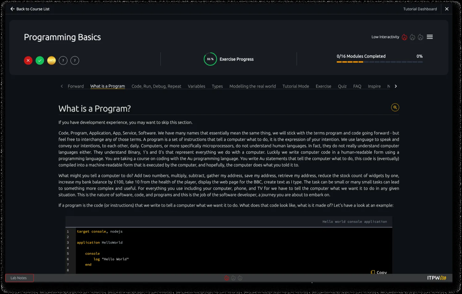 An Au tutorial lesson with module progress tracking down the side.