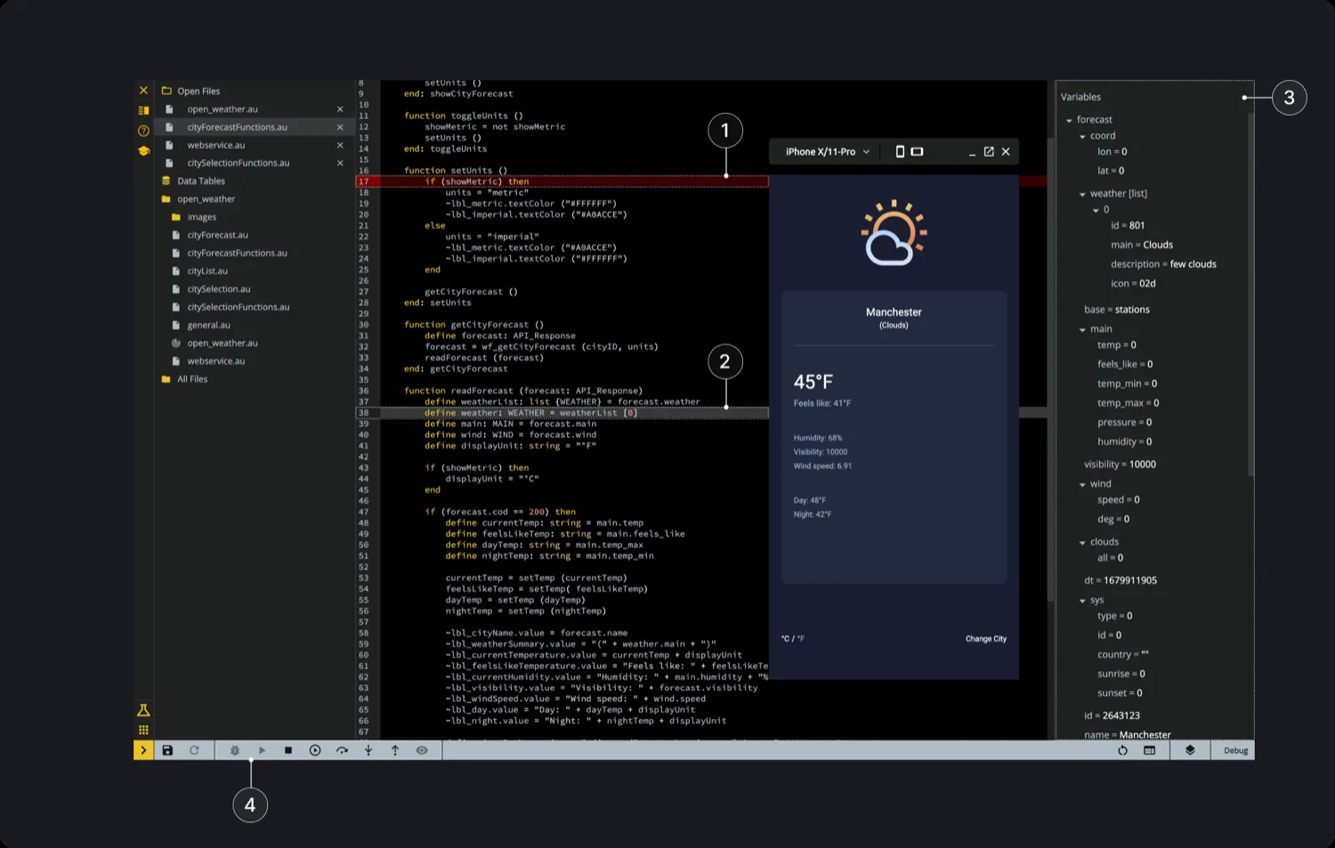 Debugging an Au application in the browser, with numbered markers: 1 a breakpoint on a red line, 2 the current position highlighted, 3 the Variables panel on the right, 4 the debug toolbar along the foot. A weather app renders on a simulated phone beside the code.