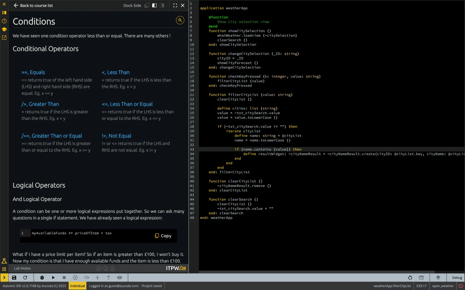 A side-by-side Au tutorial: a lesson on Conditions with conditional and logical operators on the left, and the live, runnable Au editor on the right.
